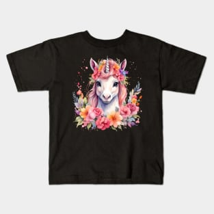 A unicorn decorated with beautiful watercolor flowers Kids T-Shirt